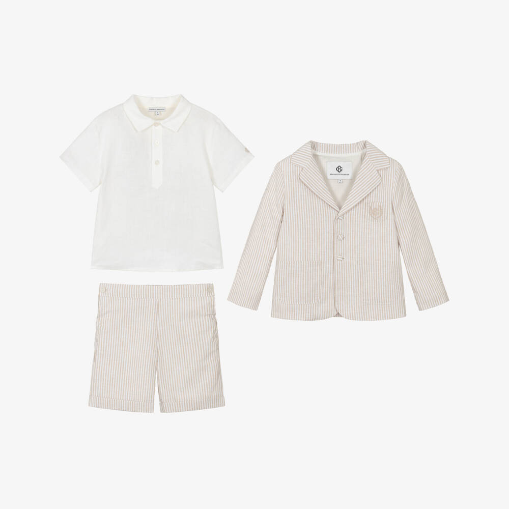 Beatrice & George-Boys Beige Striped Linen & Cotton Shorts Suit | Childrensalon