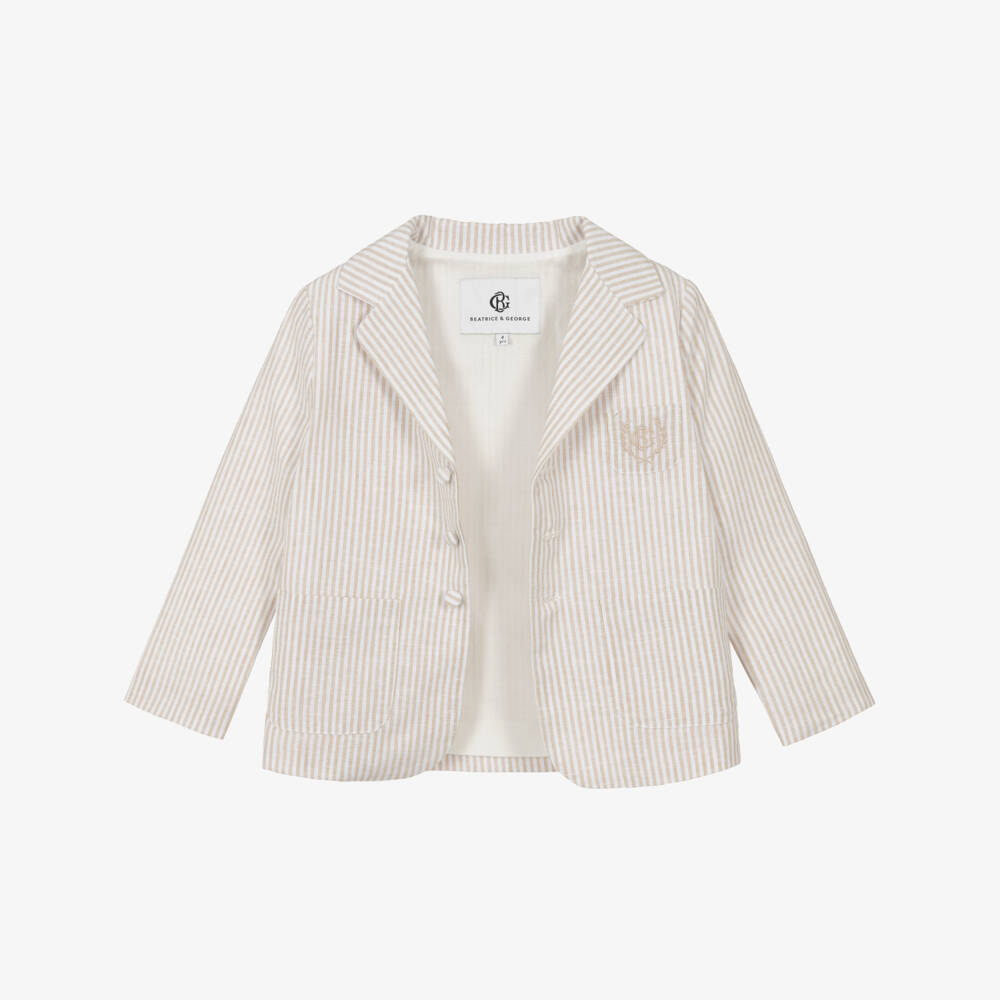 Beatrice & George-Boys Beige Striped Linen & Cotton Shorts Suit | Childrensalon