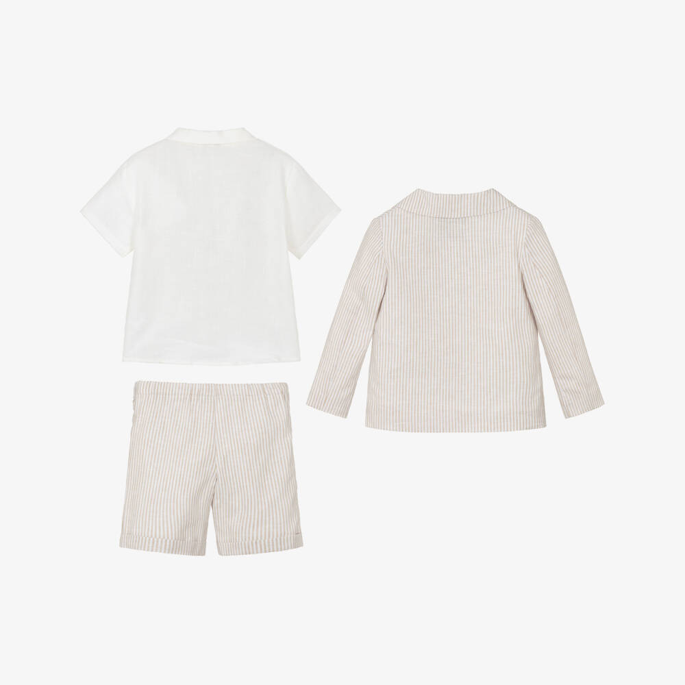 Beatrice & George-Boys Beige Striped Linen & Cotton Shorts Suit | Childrensalon
