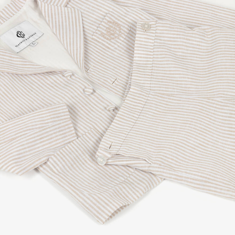 Beatrice & George-Boys Beige Striped Linen & Cotton Shorts Suit | Childrensalon