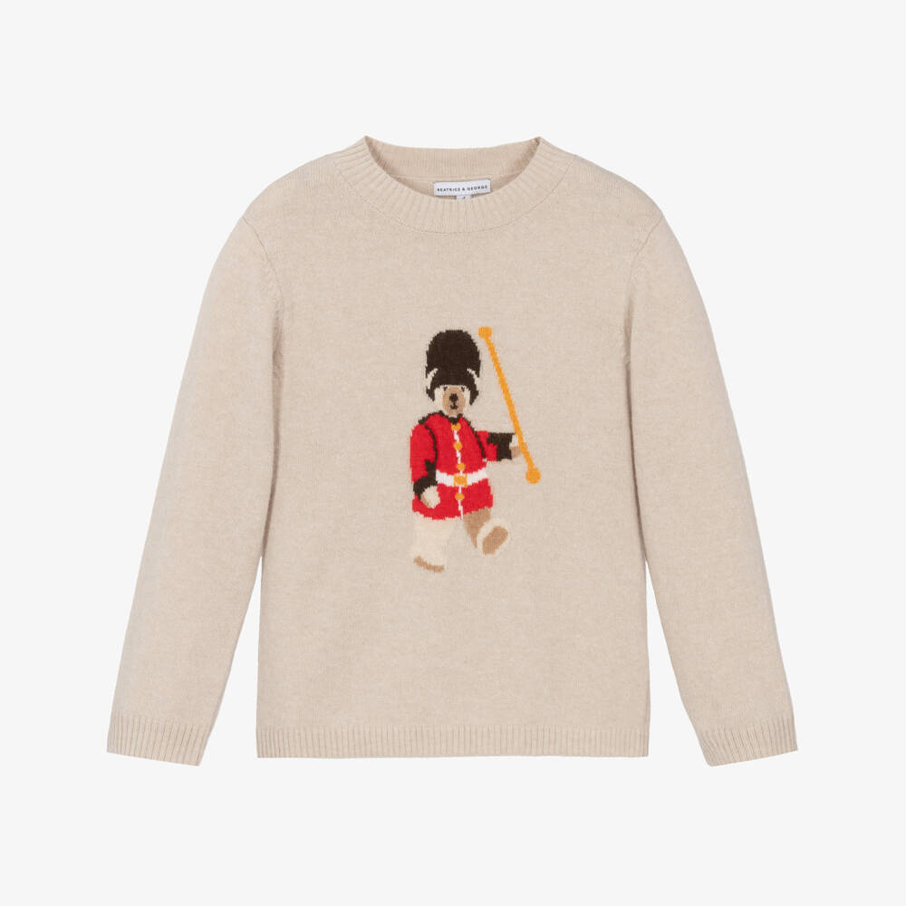 Beatrice & George-Boys Beige Wool & Cashmere Kings Guard Bear Sweater | Childrensalon