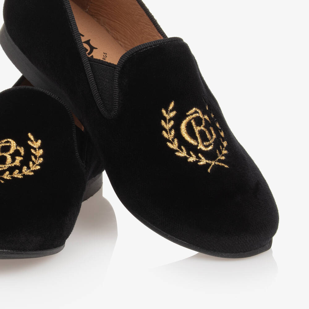 Beatrice & George-Boys Black Velvet Monogram Loafers | Childrensalon