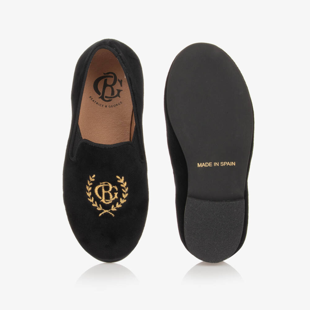 Beatrice & George-Boys Black Velvet Monogram Loafers | Childrensalon