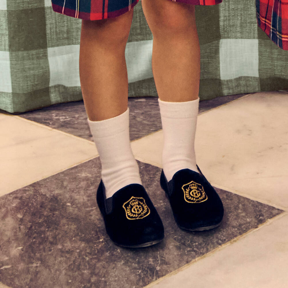 Beatrice & George-Boys Black Velvet Monogram Loafers | Childrensalon