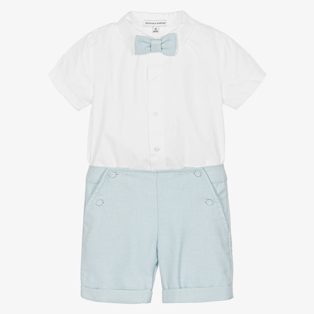 Beatrice & George-Boys Blue Cotton Shorts Set | Childrensalon