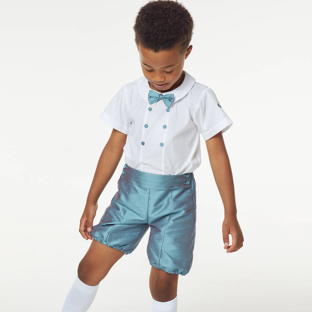 Beatrice & George-Boys Blue Dupion Buster Suit | Childrensalon