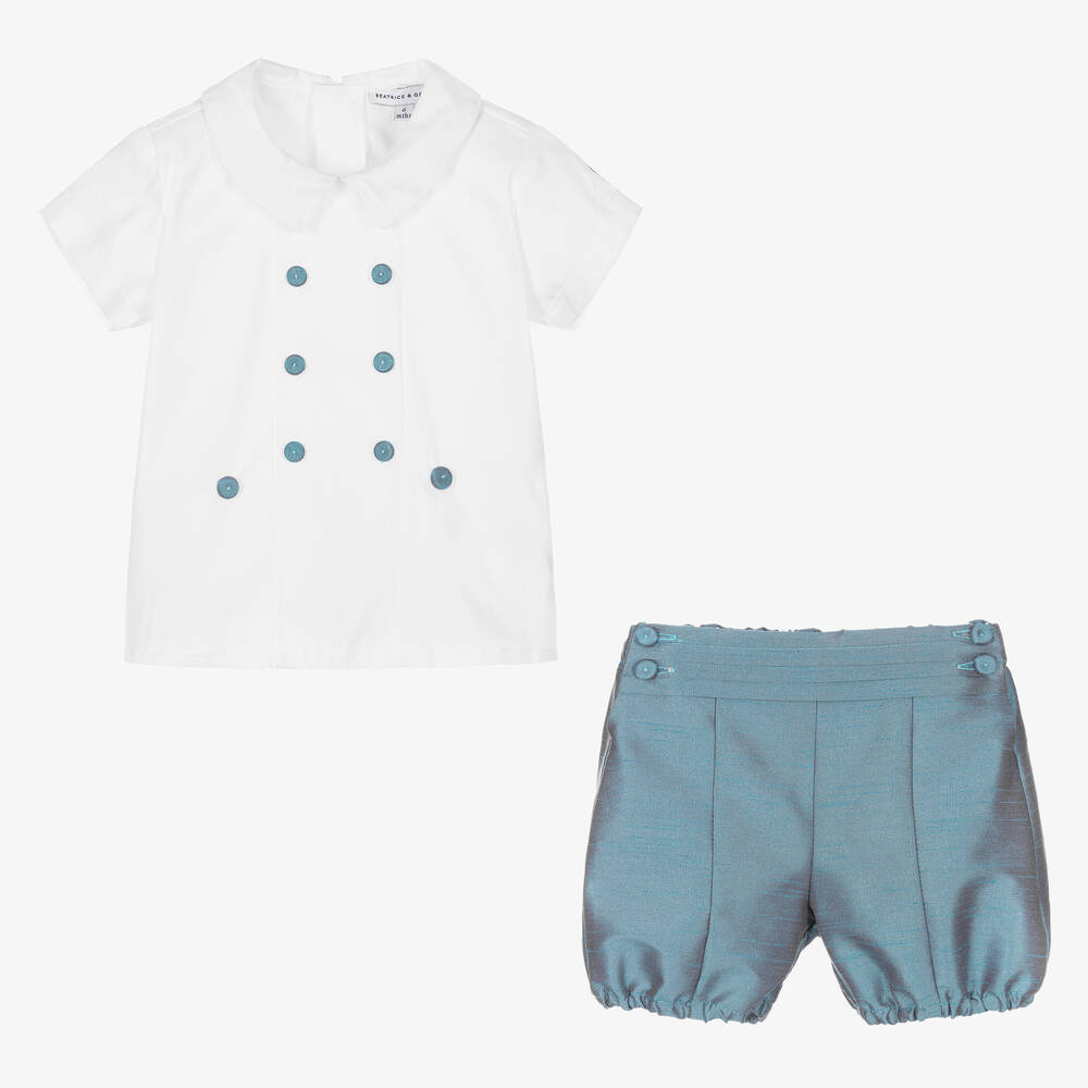 Beatrice & George-Boys Blue Dupion Buster Suit | Childrensalon