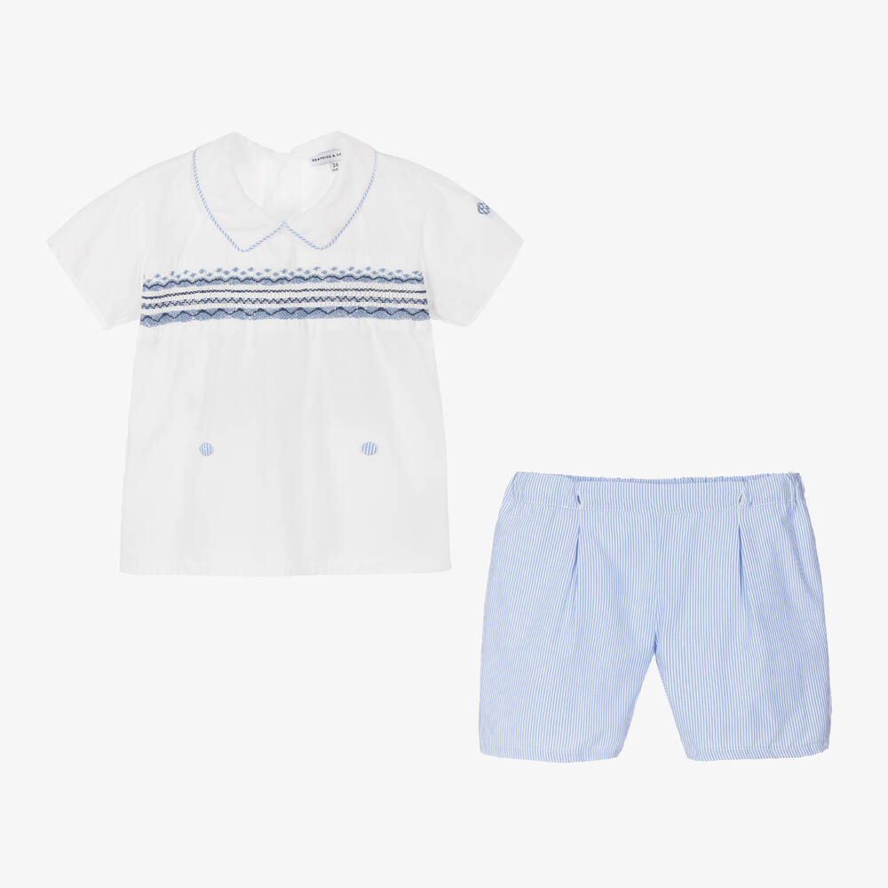Beatrice & George-Boys Blue Hand-Smocked Cotton Buster Suit | Childrensalon