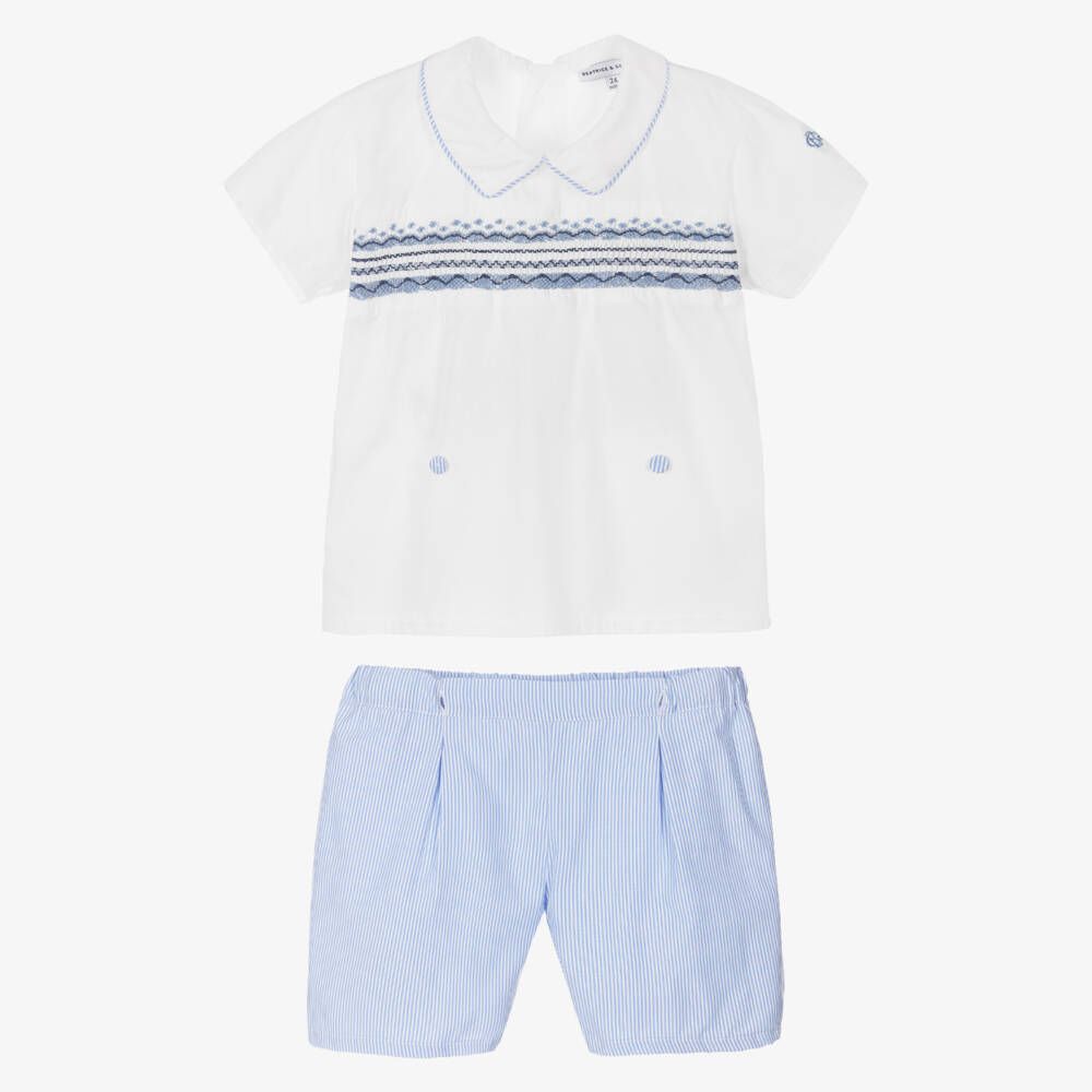 Beatrice & George-Boys Blue Hand-Smocked Cotton Buster Suit | Childrensalon
