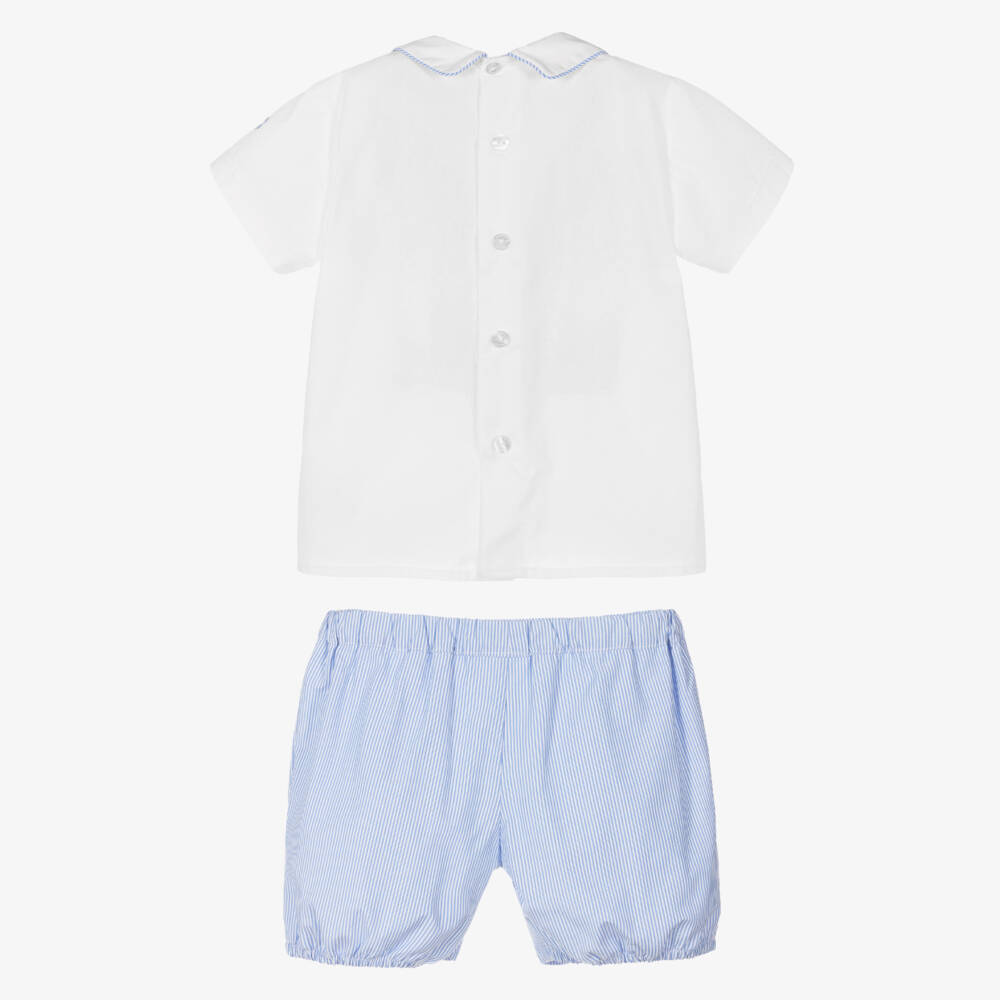 Beatrice & George-Boys Blue Hand-Smocked Cotton Buster Suit | Childrensalon