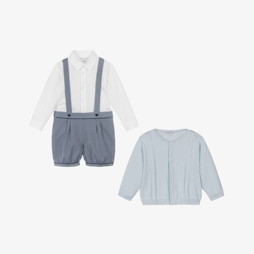 Beatrice & George-Boys Blue Knitted Cardigan & Shorts Set | Childrensalon