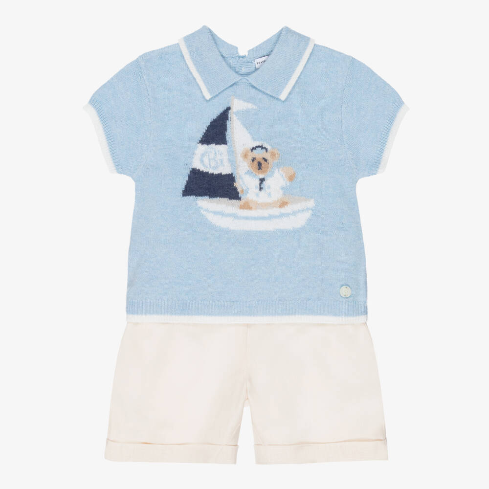 Beatrice & George-Boys Blue Knitted Top & Ivory Shorts Set with Sailboat Motif | Childrensalon
