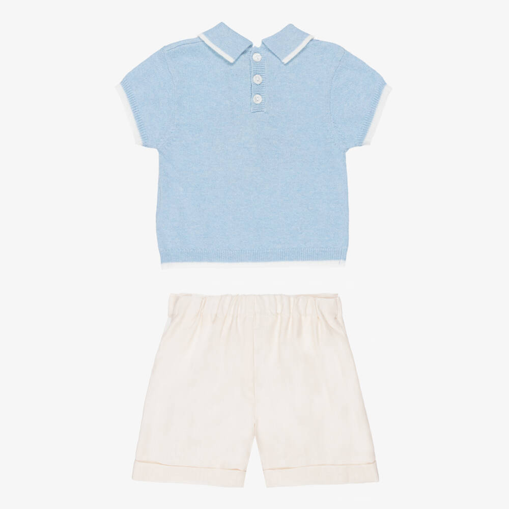Beatrice & George-Boys Blue Knitted Top & Ivory Shorts Set with Sailboat Motif | Childrensalon