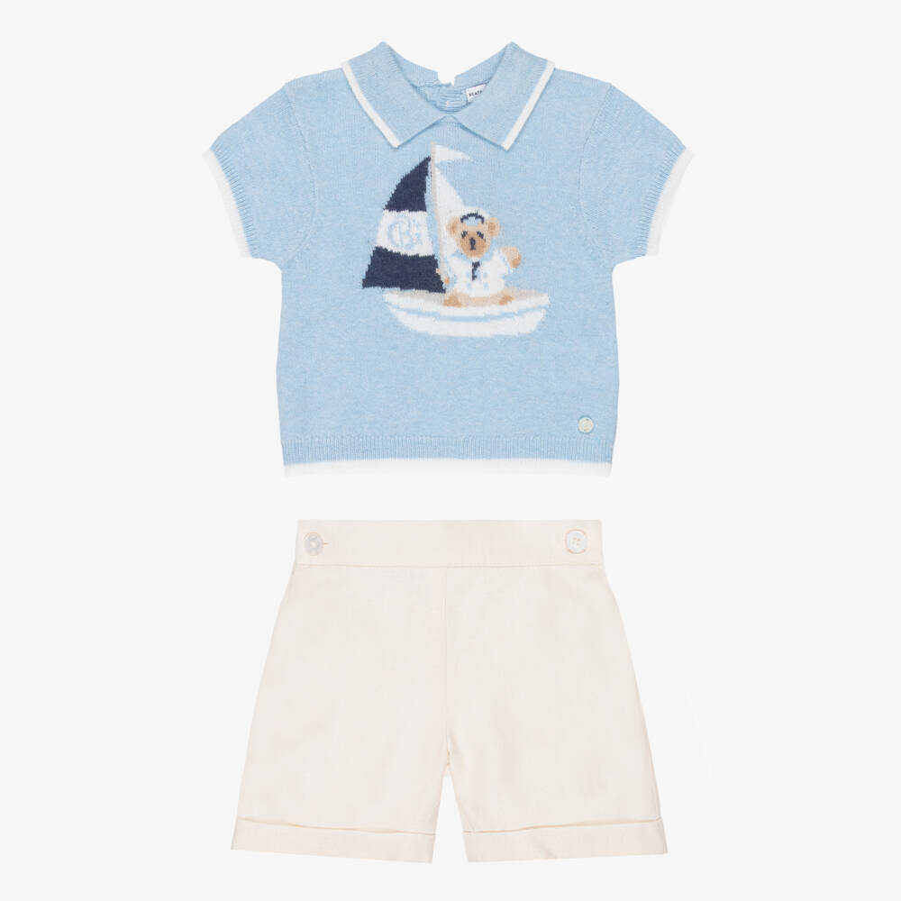 Beatrice & George-Boys Blue Knitted Top & Ivory Shorts Set with Sailboat Motif | Childrensalon