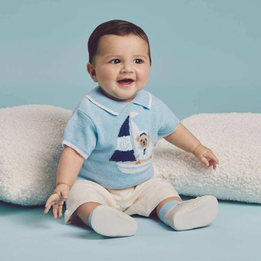 Beatrice & George-Boys Blue Knitted Top & Ivory Shorts Set with Sailboat Motif | Childrensalon