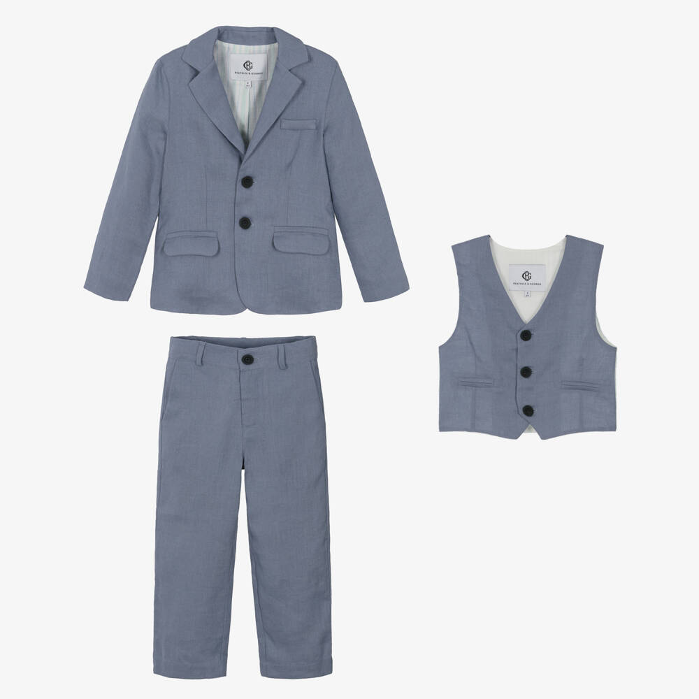 Beatrice & George-Boys Blue Linen 3 Piece Suit  | Childrensalon