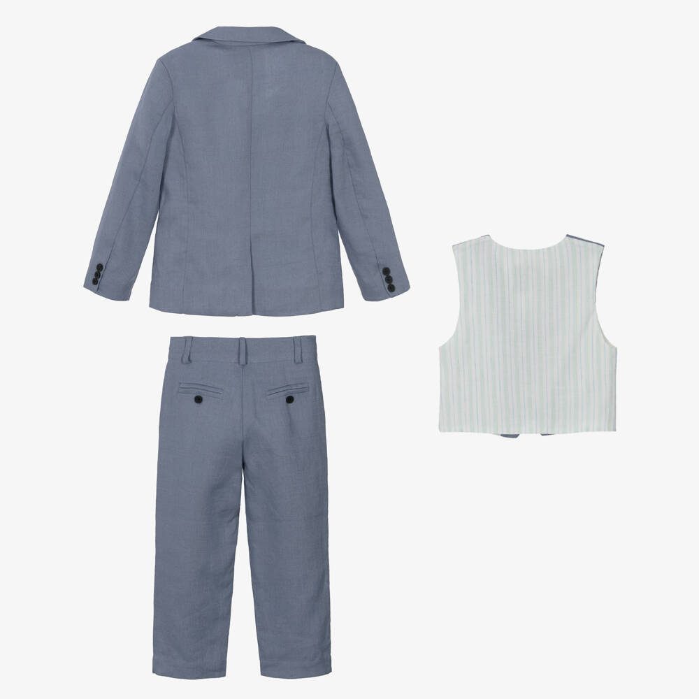 Beatrice & George-Boys Blue Linen 3 Piece Suit  | Childrensalon