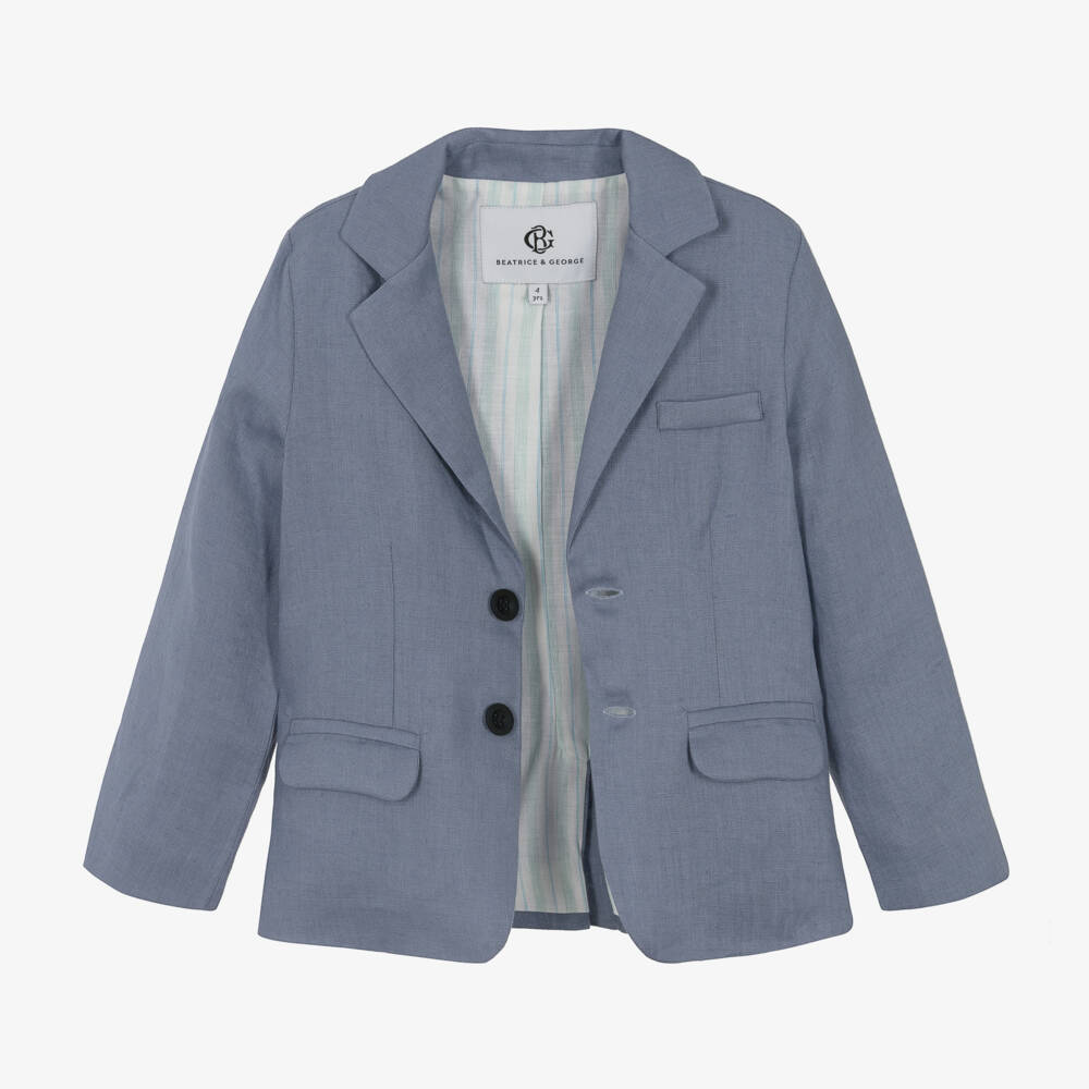 Beatrice & George-Boys Blue Linen 3 Piece Suit  | Childrensalon
