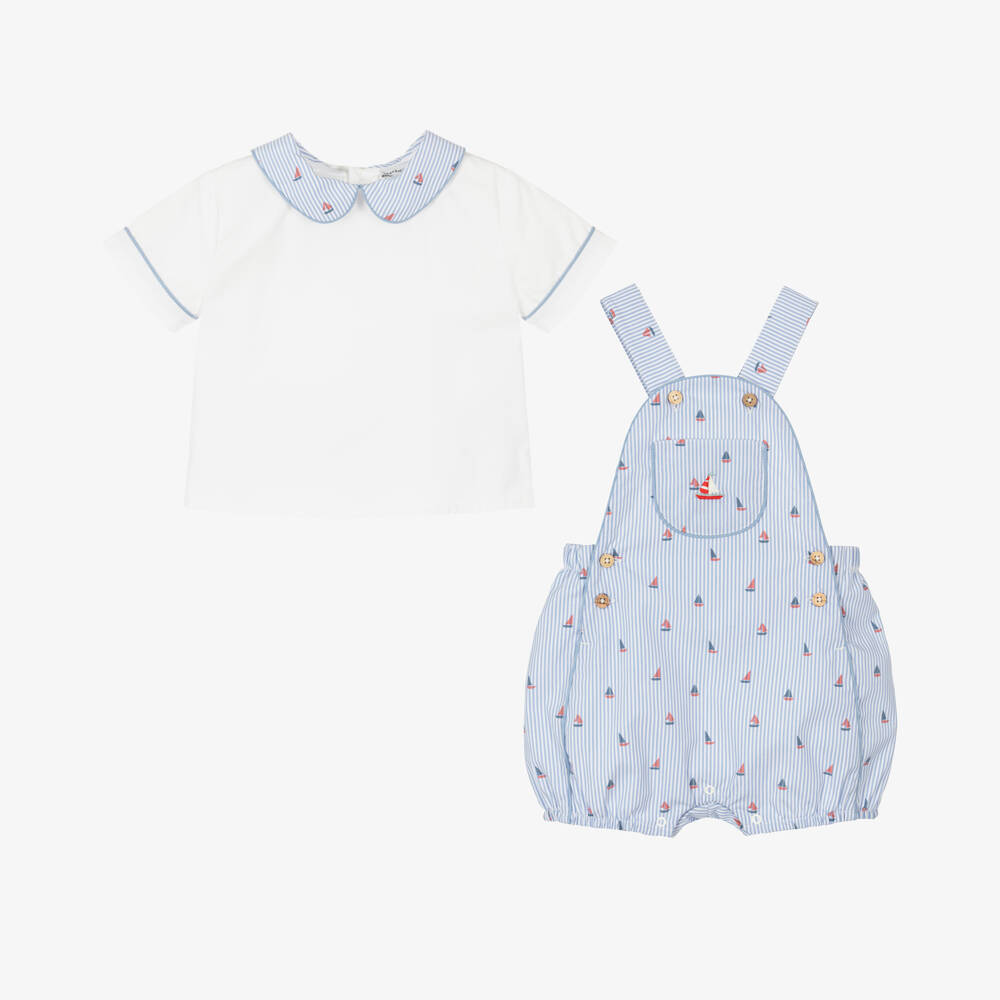 Beatrice & George-طقم دنغري قطن مقلم لون أزرق للمواليد | Childrensalon