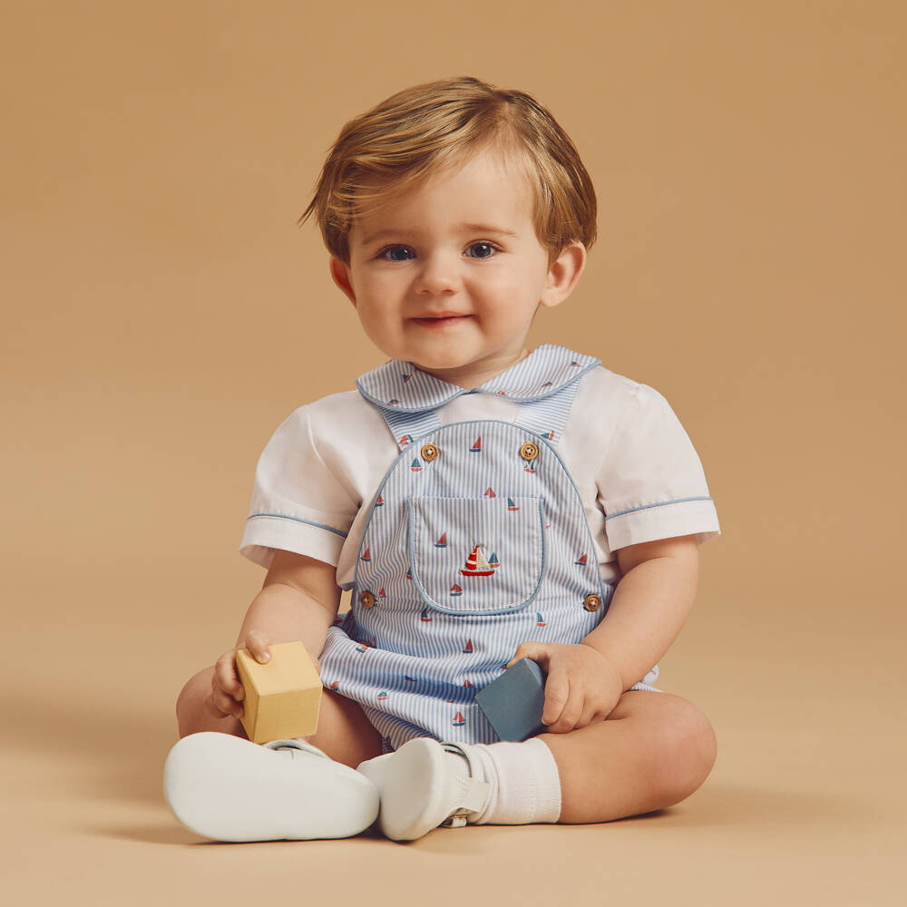 Beatrice & George-طقم دنغري قطن مقلم لون أزرق للمواليد | Childrensalon