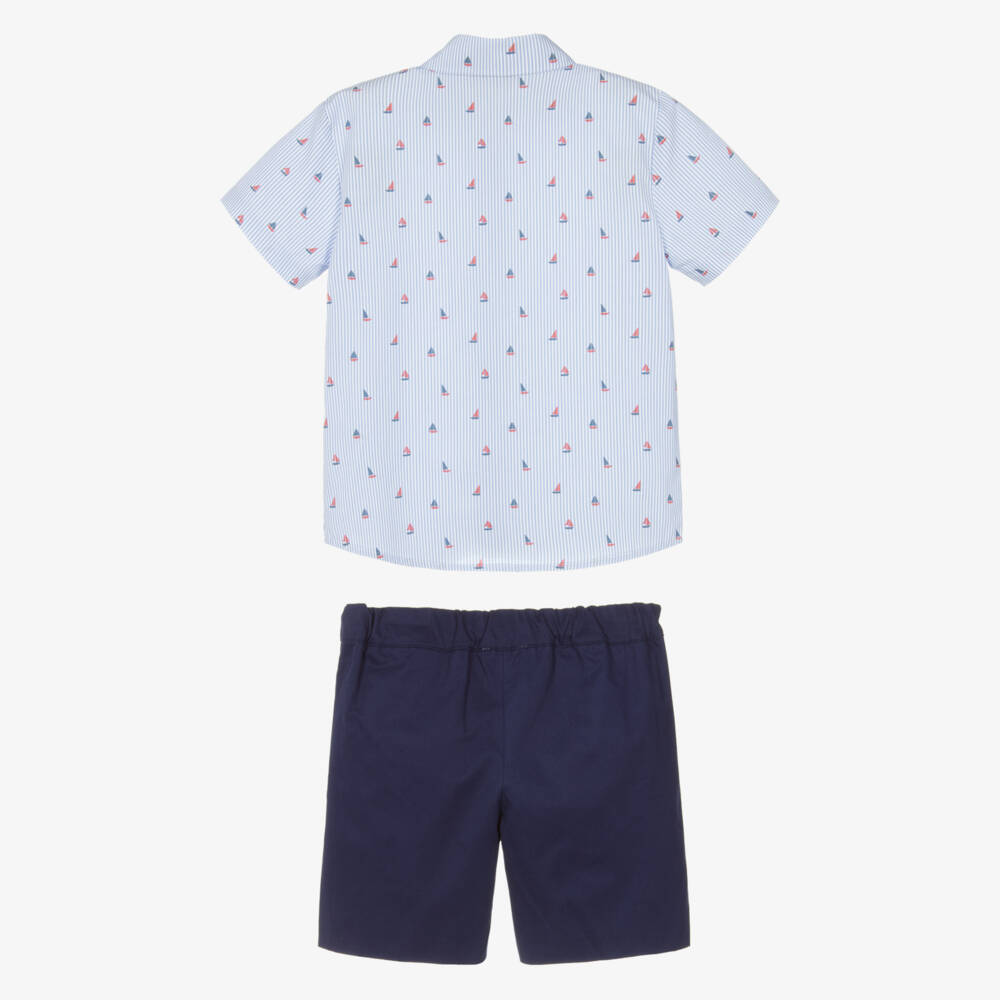 Beatrice & George-Boys Blue Stripe Cotton Sailing Boat Shorts Set | Childrensalon
