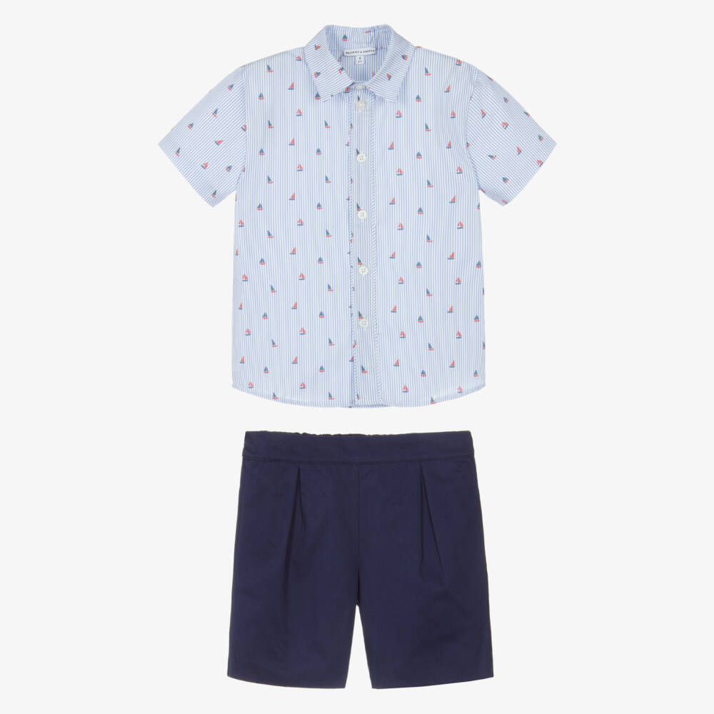 Beatrice & George-Boys Blue Stripe Cotton Sailing Boat Shorts Set | Childrensalon