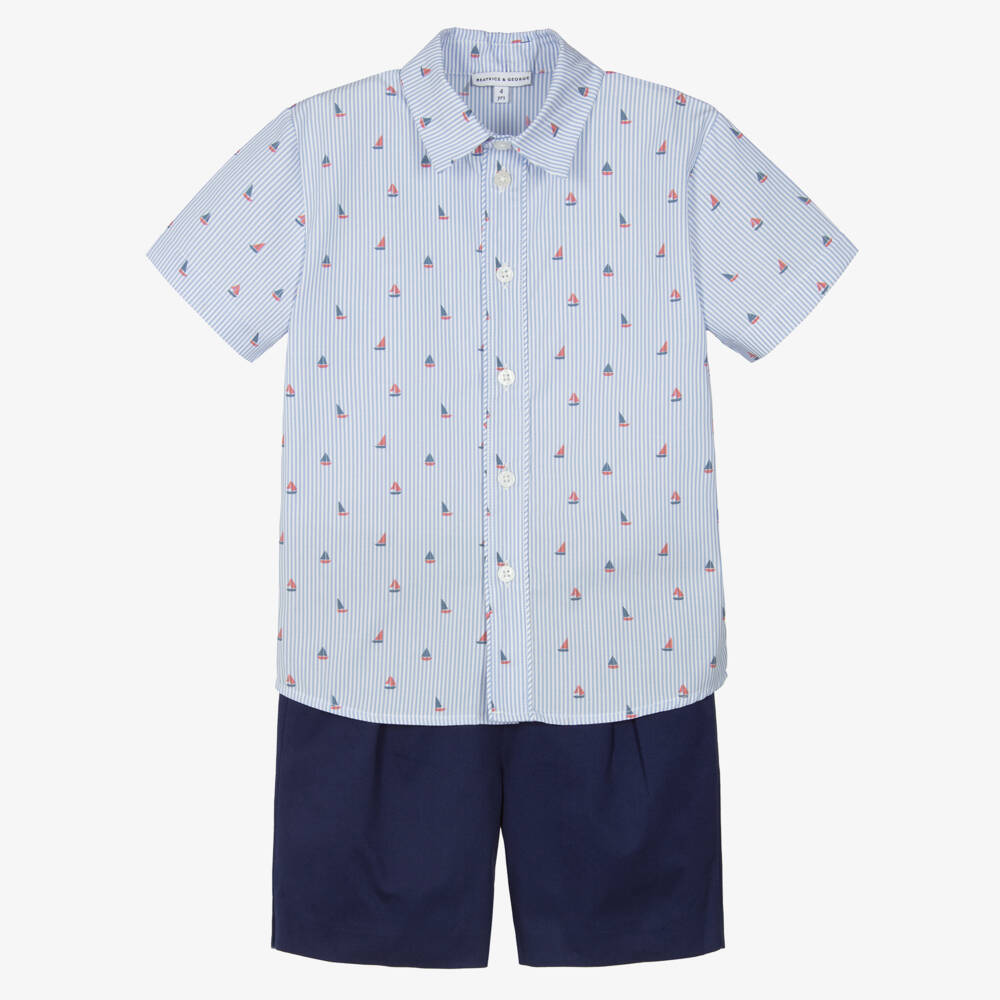 Beatrice & George-Boys Blue Stripe Cotton Sailing Boat Shorts Set | Childrensalon