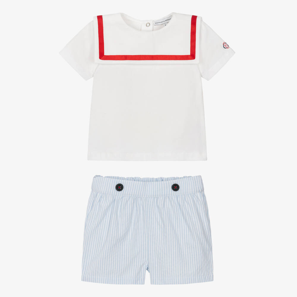 Beatrice & George-Boys Blue Stripe Cotton Sailor Shorts Set | Childrensalon