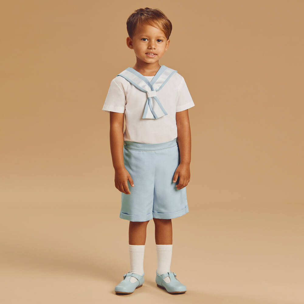 Beatrice & George-Boys Blue & White Cotton Herringbone Sailor Buster Suit  | Childrensalon