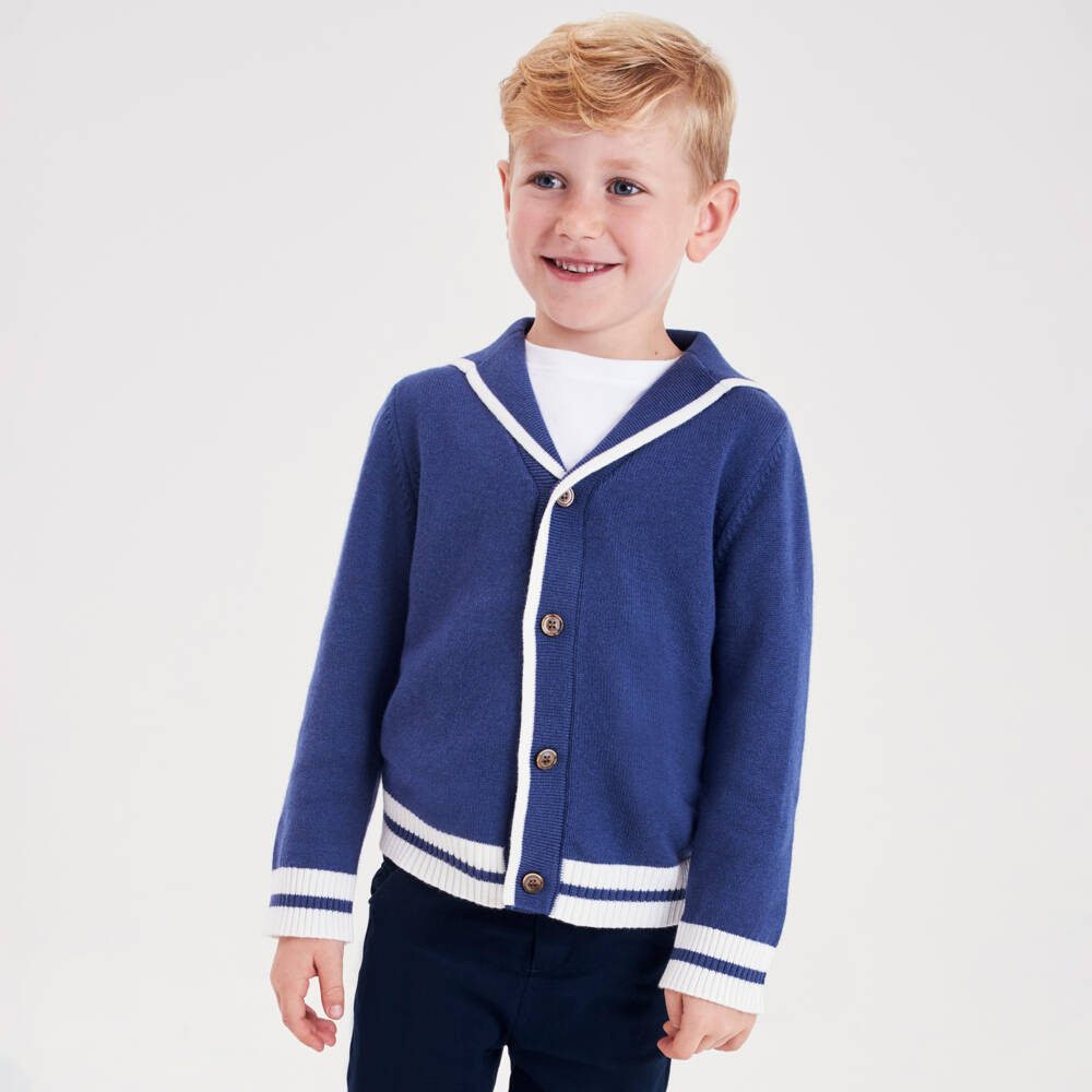 Beatrice & George-Boys Blue Wool Knit Sailor Cardigan | Childrensalon