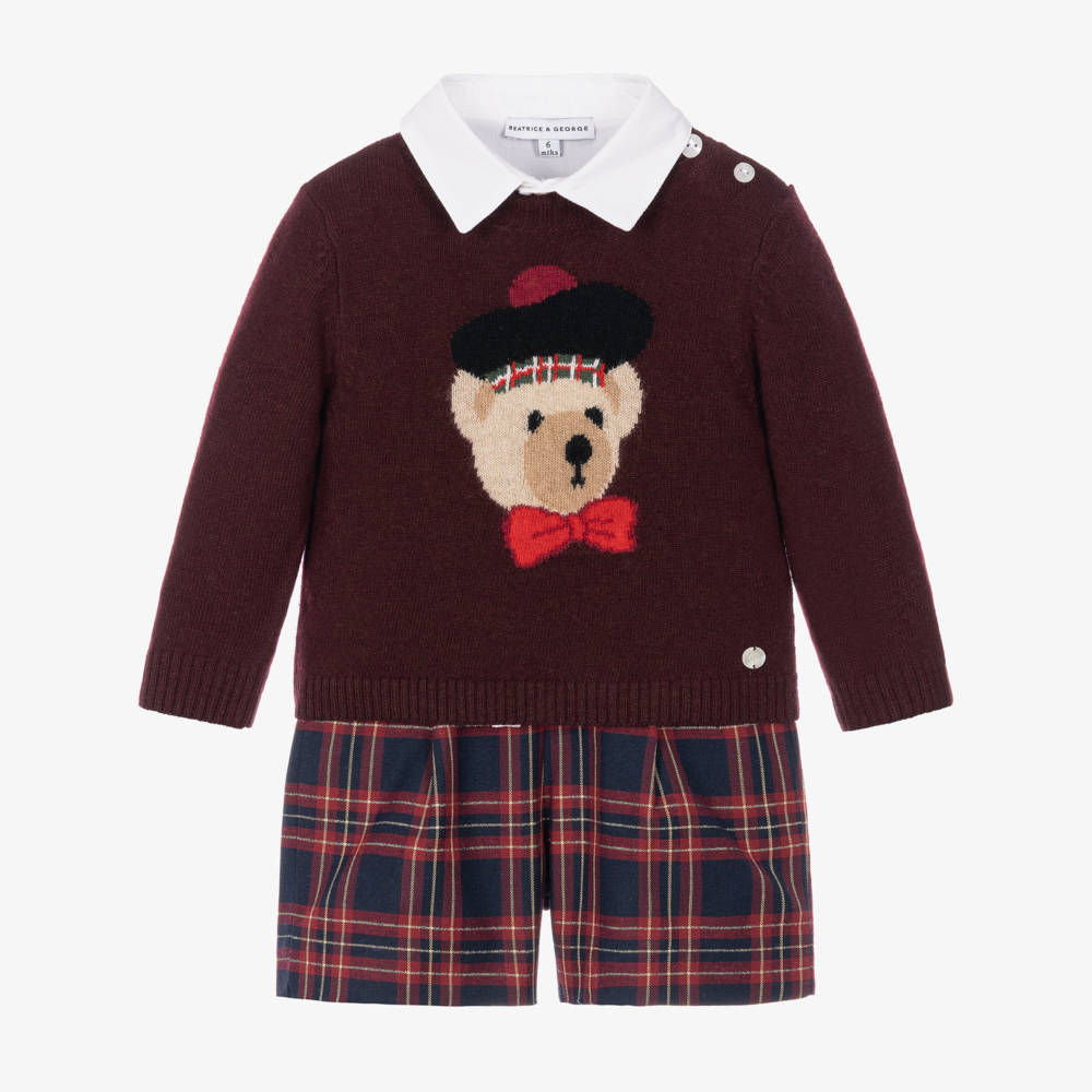 Beatrice & George-Boys Burgundy & Navy Blue Tartan Shorts Set | Childrensalon