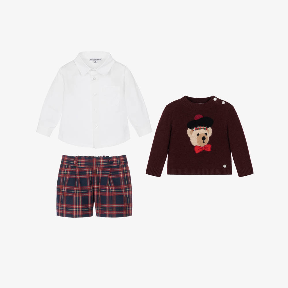 Beatrice & George-Boys Burgundy & Navy Blue Tartan Shorts Set | Childrensalon