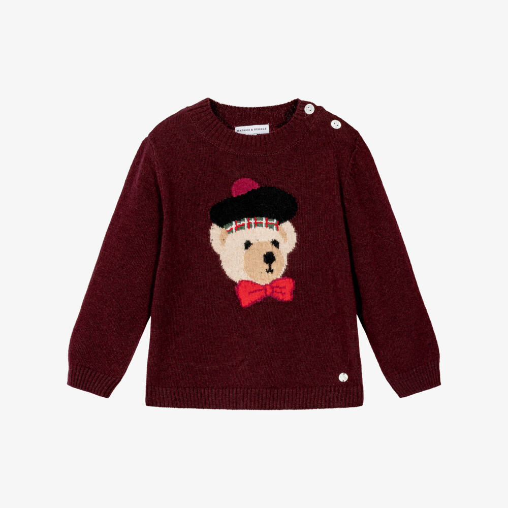 Beatrice & George-Boys Burgundy Red Beret Bear Intarsia Knit Sweater | Childrensalon