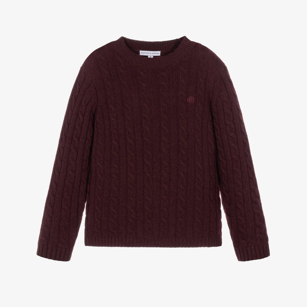 Beatrice & George-Boys Burgundy Red Wool Mix Cable Knit Sweater | Childrensalon