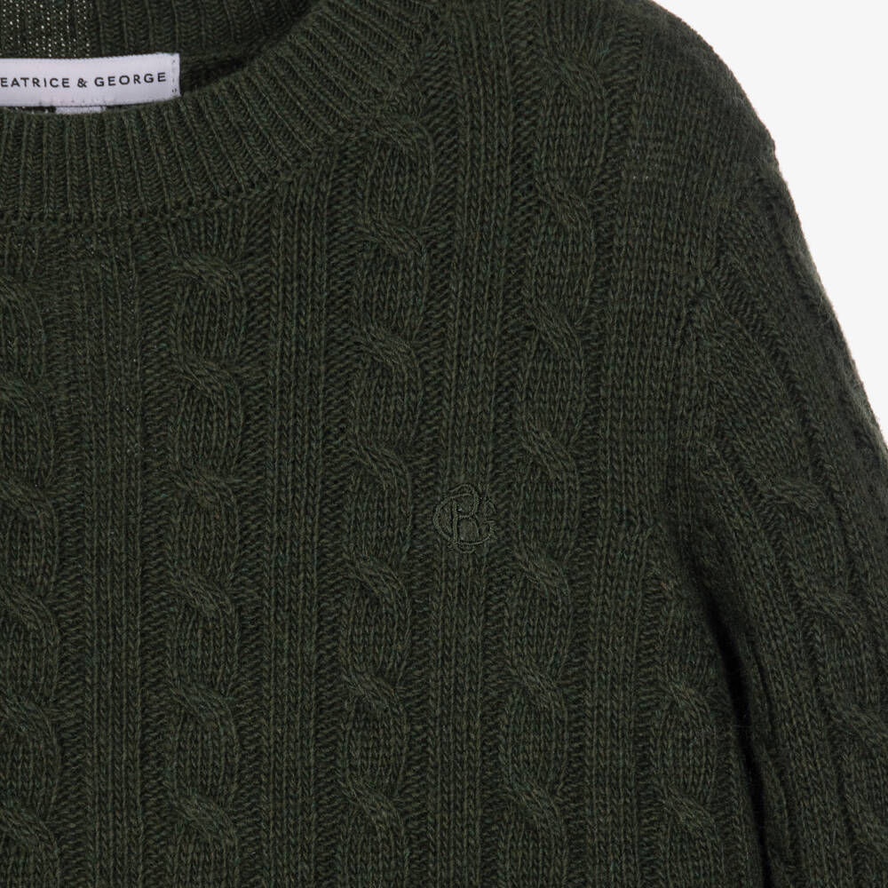 Beatrice & George-Boys Dark Green Wool Mix Cable Knit Sweater | Childrensalon