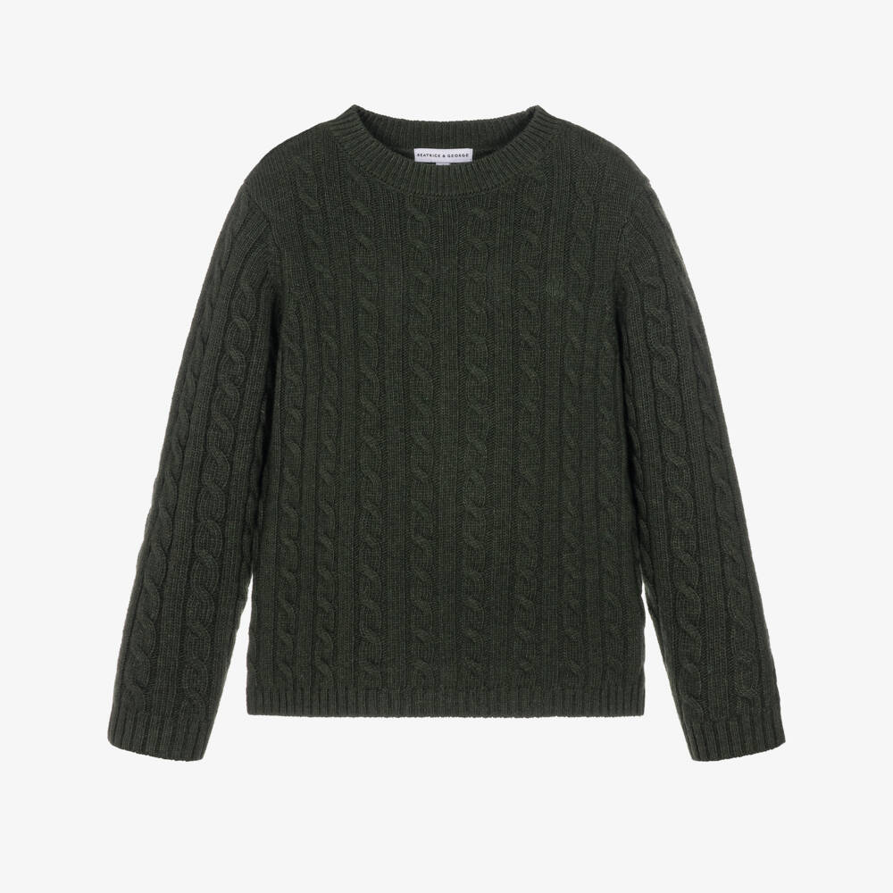 Beatrice & George-Boys Dark Green Wool Mix Cable Knit Sweater | Childrensalon