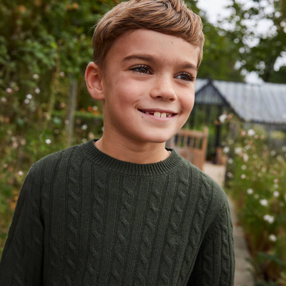 Beatrice & George-Boys Dark Green Wool Mix Cable Knit Sweater | Childrensalon
