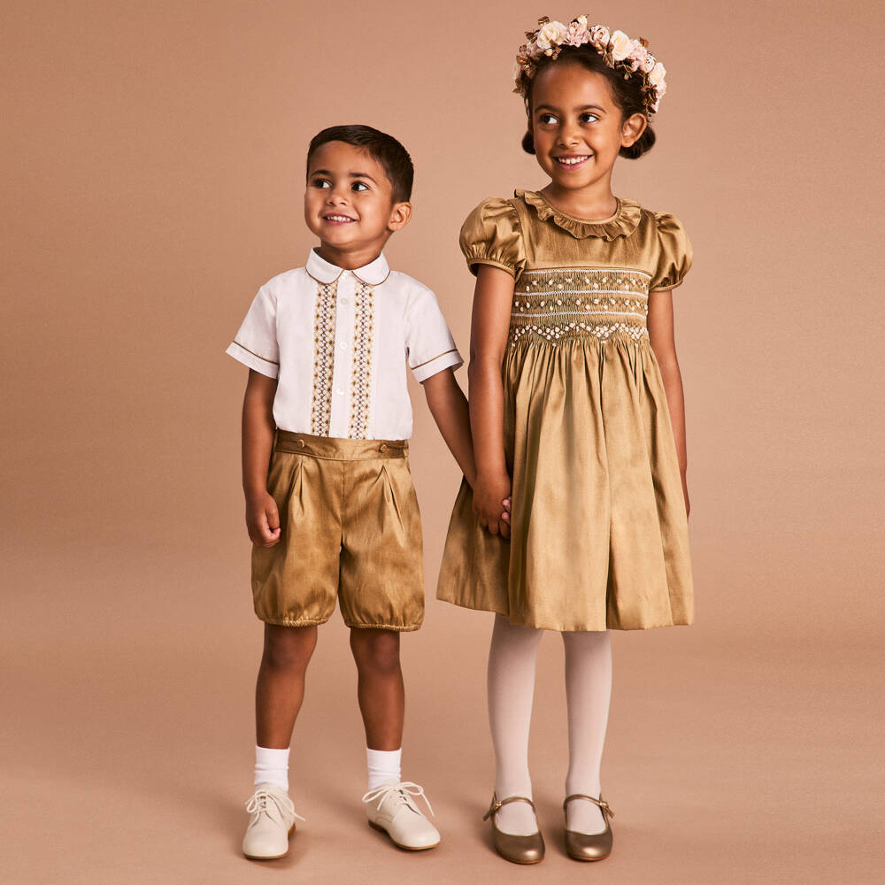 Beatrice & George-Boys Gold Hand-Smocked Dupion Buster Suit | Childrensalon