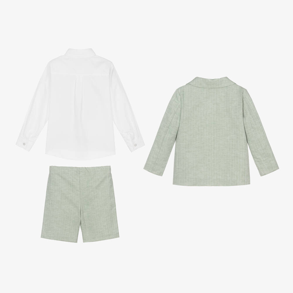 Beatrice & George-بدلة شورت قطن وكتان لون أخضر للأولاد | Childrensalon