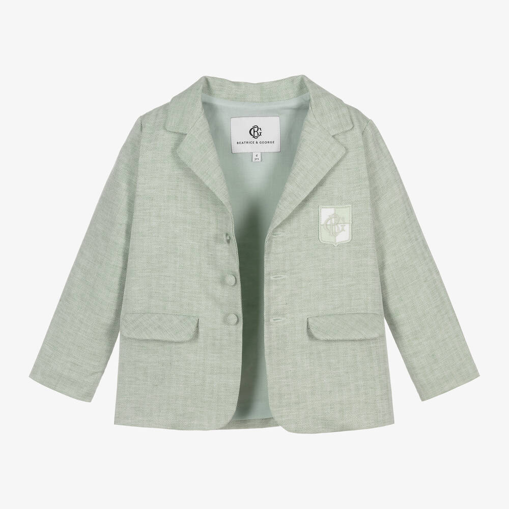 Beatrice & George-بدلة شورت قطن وكتان لون أخضر للأولاد | Childrensalon