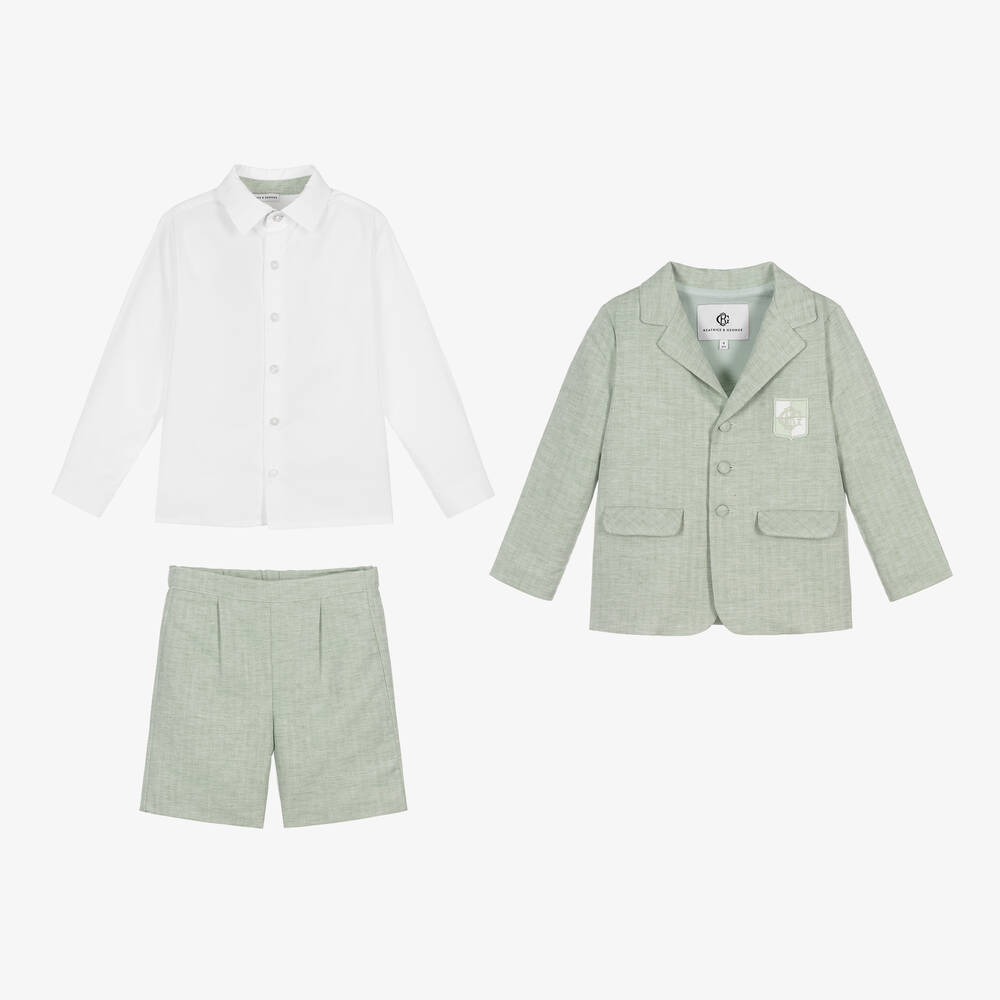 Beatrice & George-بدلة شورت قطن وكتان لون أخضر للأولاد | Childrensalon