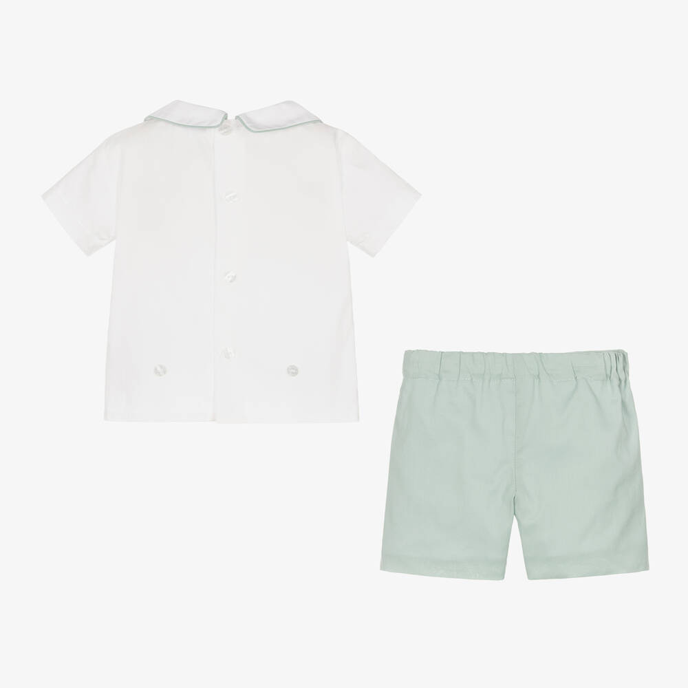 Beatrice & George-Boys Green Hand-Smocked Cotton Buster Suit | Childrensalon