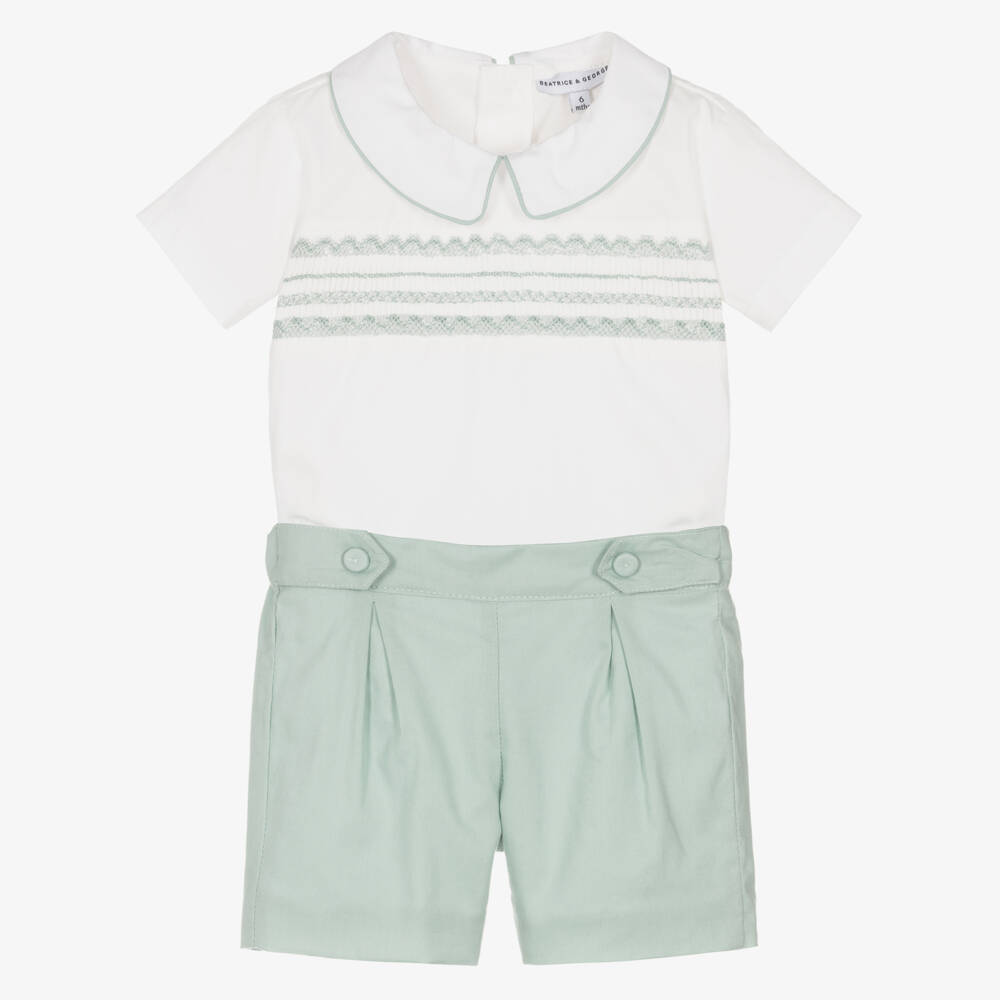Beatrice & George-Boys Green Hand-Smocked Cotton Buster Suit | Childrensalon