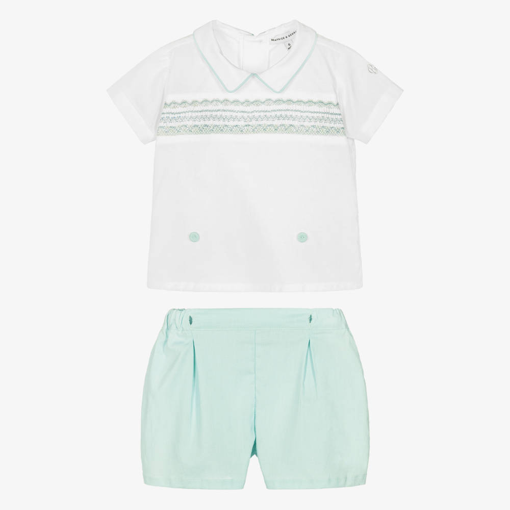 Beatrice & George-Boys Green Hand-Smocked Cotton Buster Suit | Childrensalon
