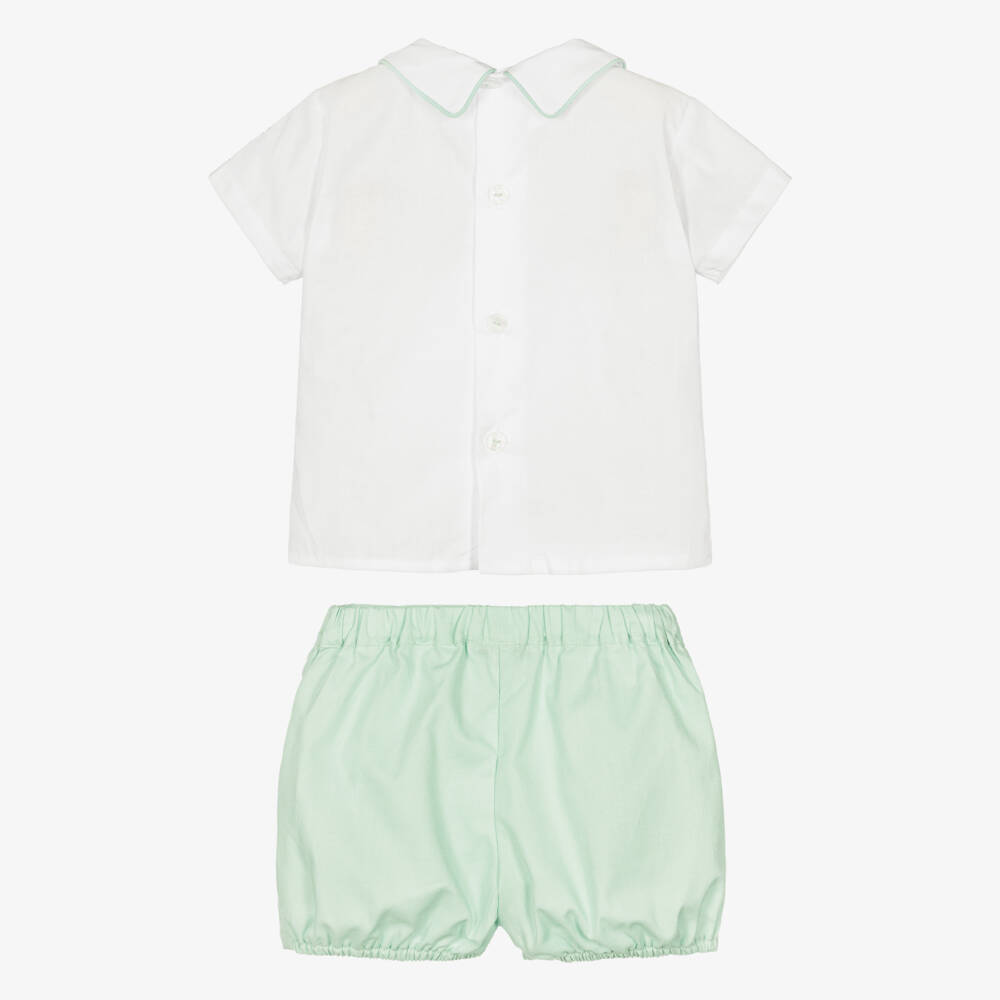 Beatrice & George-Boys Green Hand-Smocked Cotton Buster Suit | Childrensalon