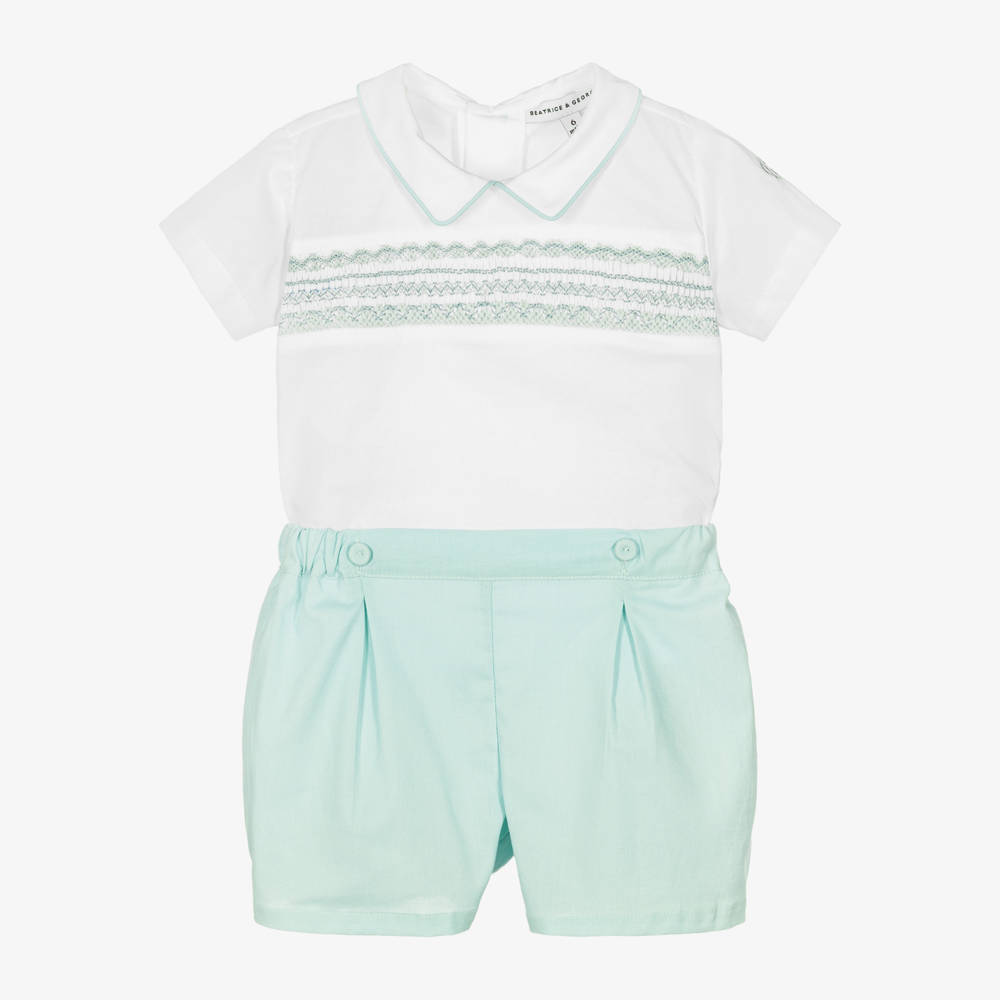 Beatrice & George-Boys Green Hand-Smocked Cotton Buster Suit | Childrensalon
