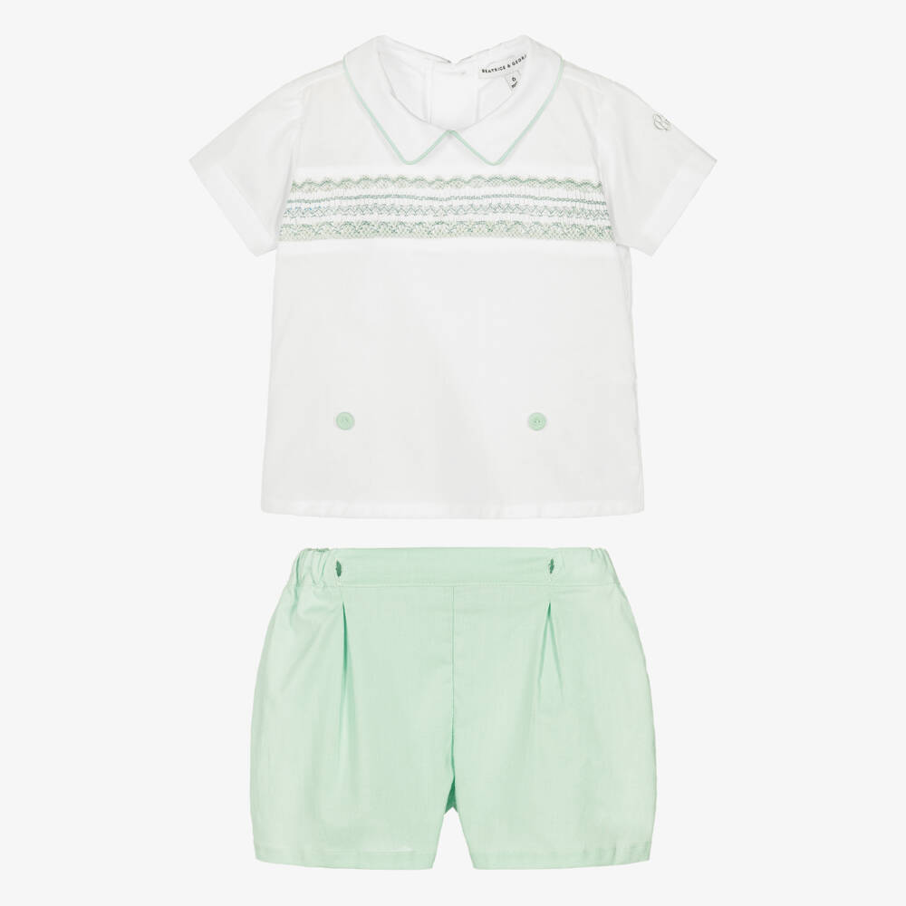 Beatrice & George-Boys Green Hand-Smocked Cotton Buster Suit | Childrensalon