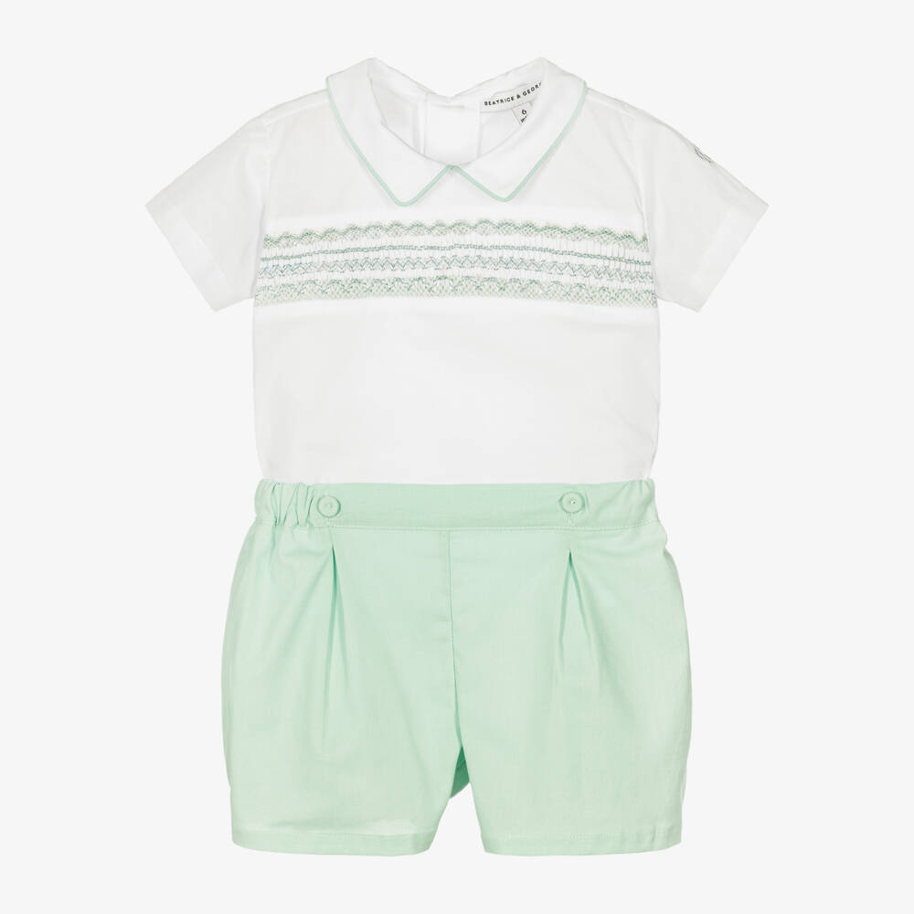 Beatrice & George-Boys Green Hand-Smocked Cotton Buster Suit | Childrensalon