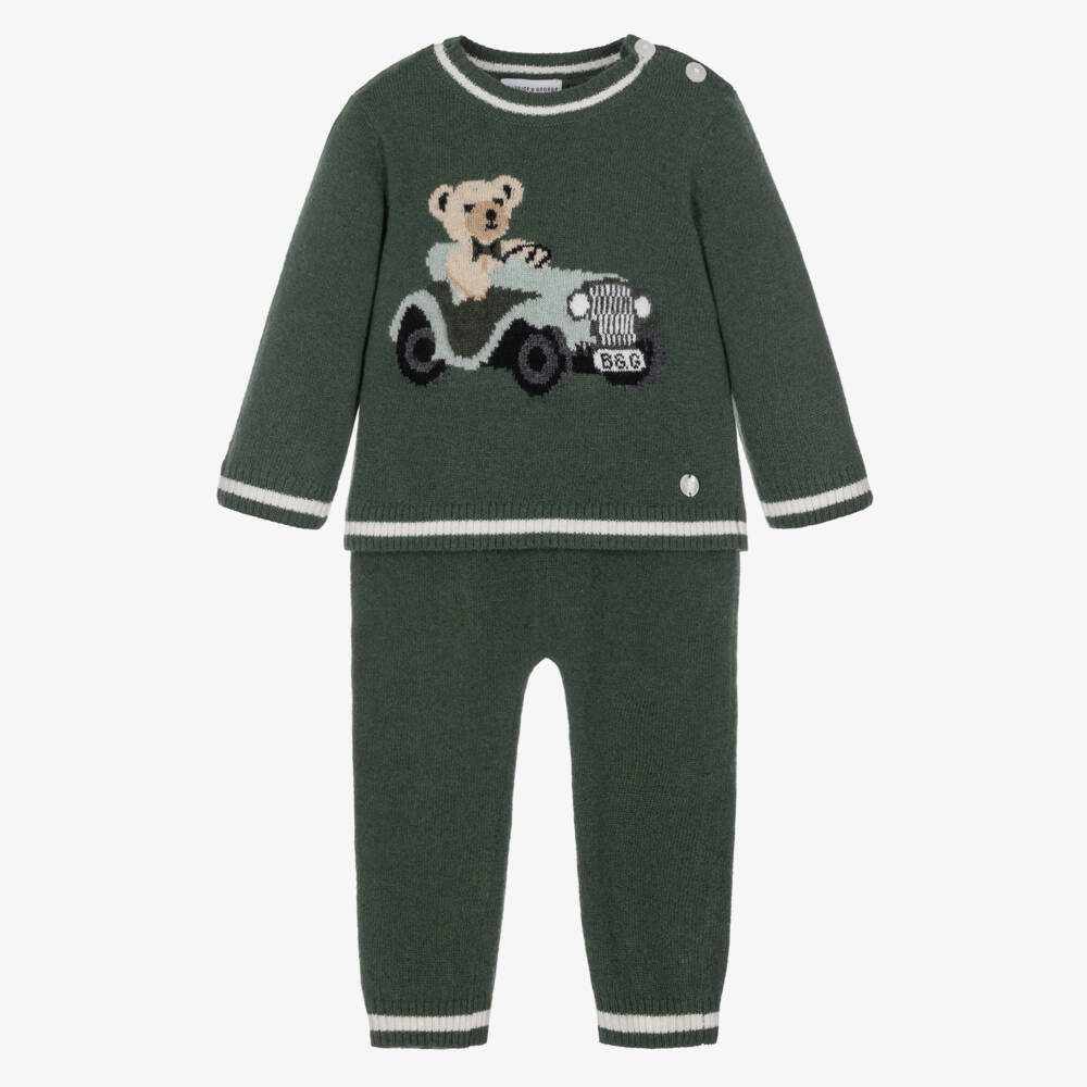 Beatrice & George-Boys Green Knitted Trouser Set with Teddy Motif | Childrensalon