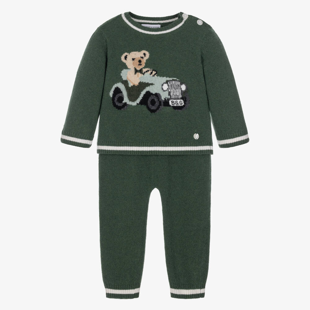 Beatrice & George-Boys Green Knitted Trouser Set with Teddy Motif | Childrensalon